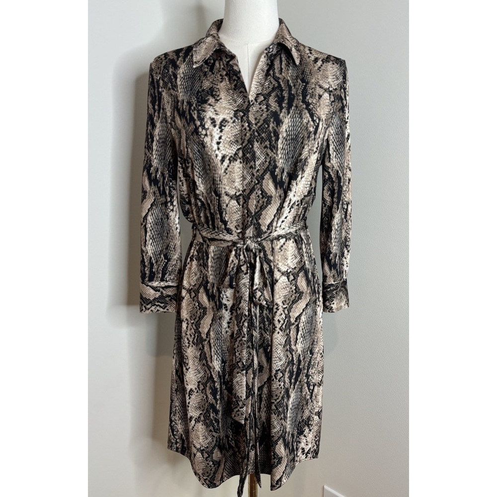 L'AGENCE Womens XS Tall Addison Stretch Tie Waist Shirt Dress Brown Python Snake